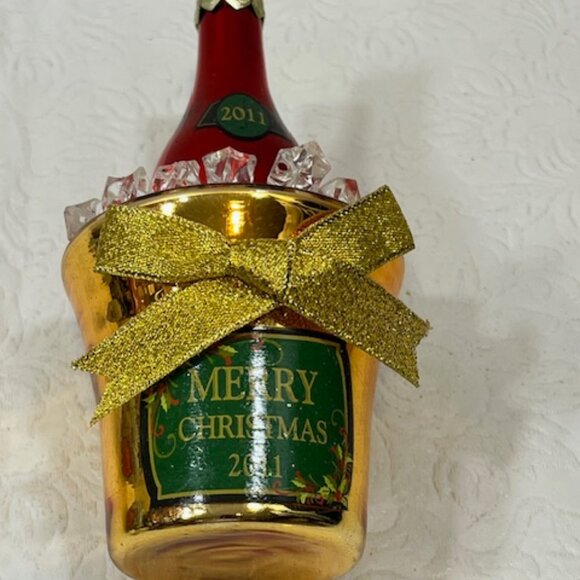 2011 Hand Blown Glass Christmas Champagne Bucket Ice Ornament Merry Christmas - Picture 2 of 16